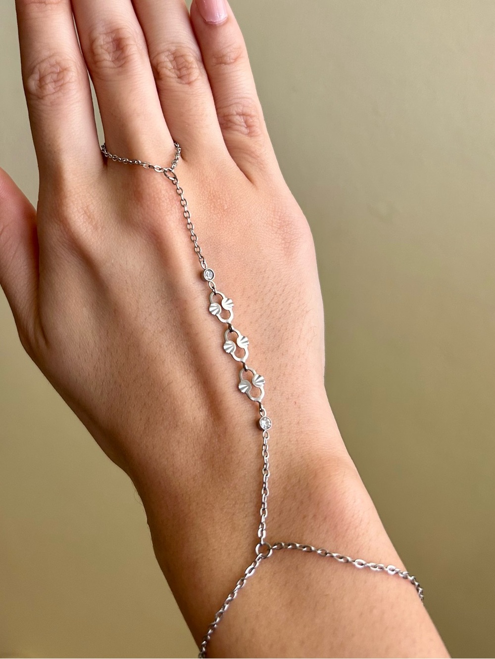 Stainless Steel Hand Chain Bracelet Ring| Filigree Floral Link |Fits 6–8” wrists